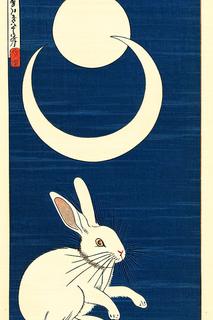 an ukiyo-e style woodblock print of the rabbit in the moon, by katsushika hokusai and kawase hasui -s75 -b1 -W512 -H768 -C14.0 -mk_euler_a -S2921820912